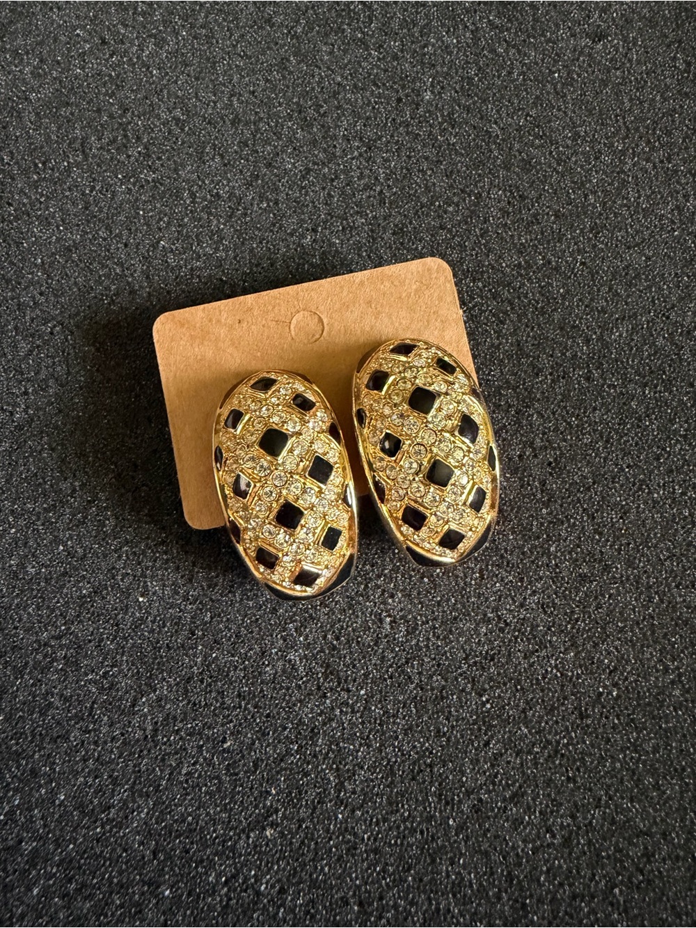 Vintage Gold Plated Black Enamel Diamanté Clip On Earrings
